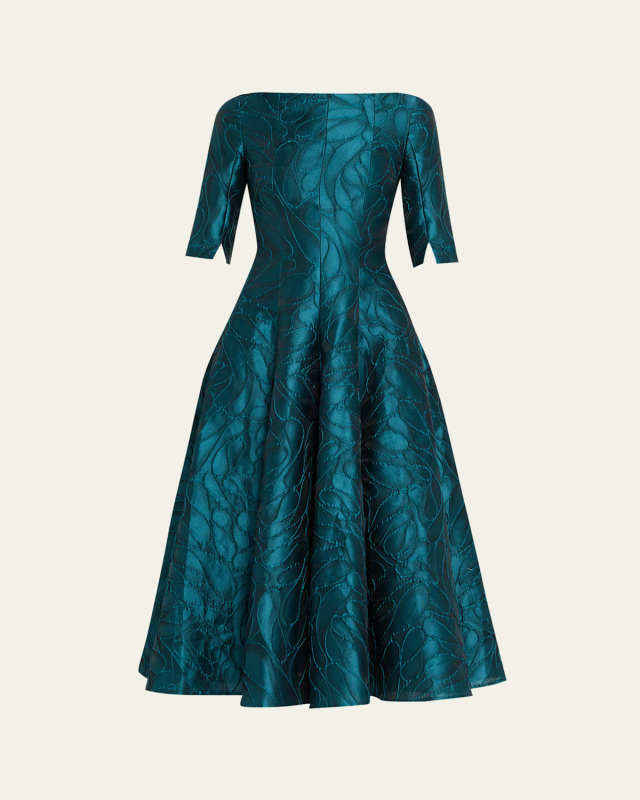 Textured Jacquard 3/4-Sleeve Midi Dress
